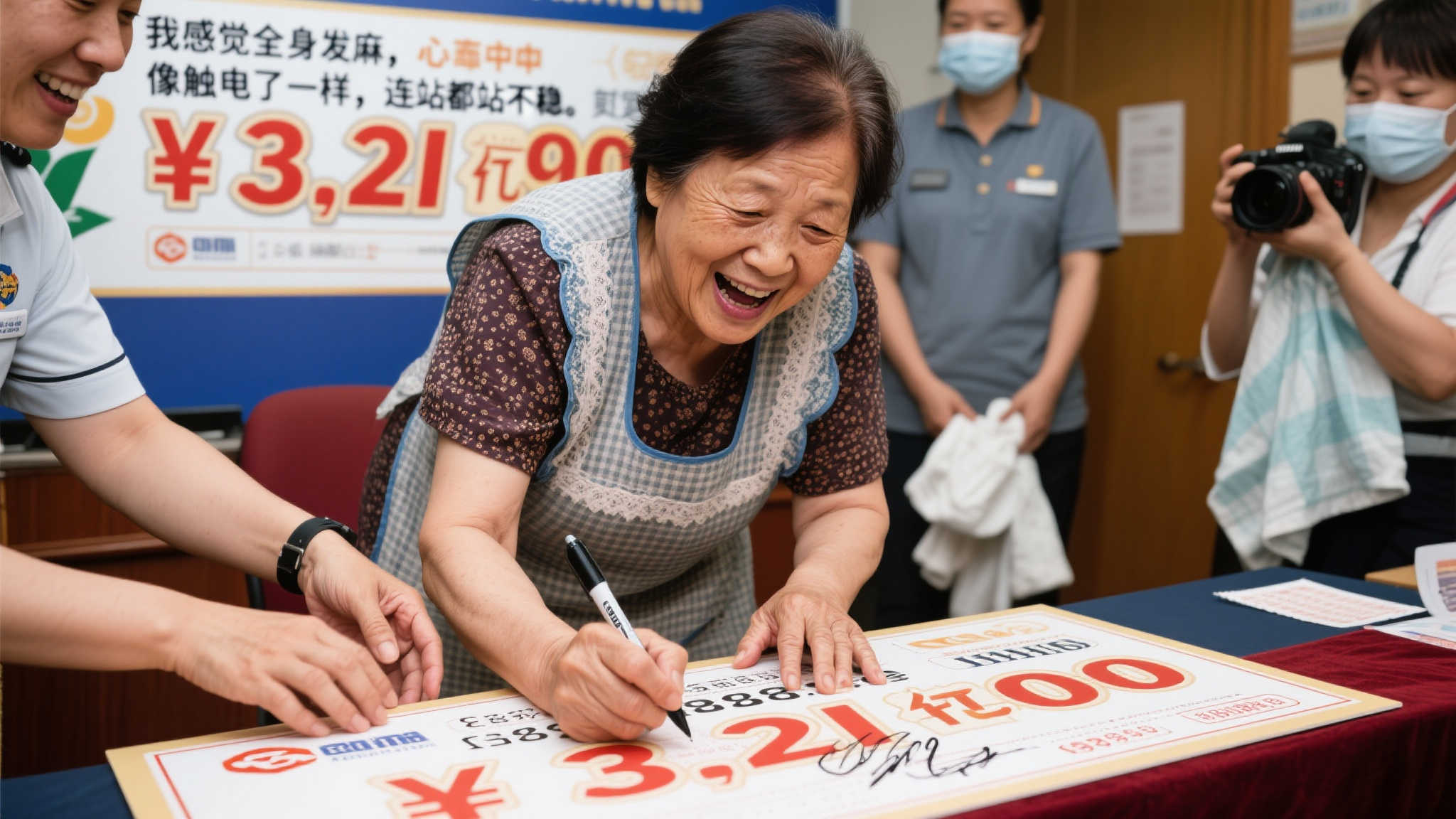 保姆喜中3.2亿大奖激动不已 签名时手抖难握笔